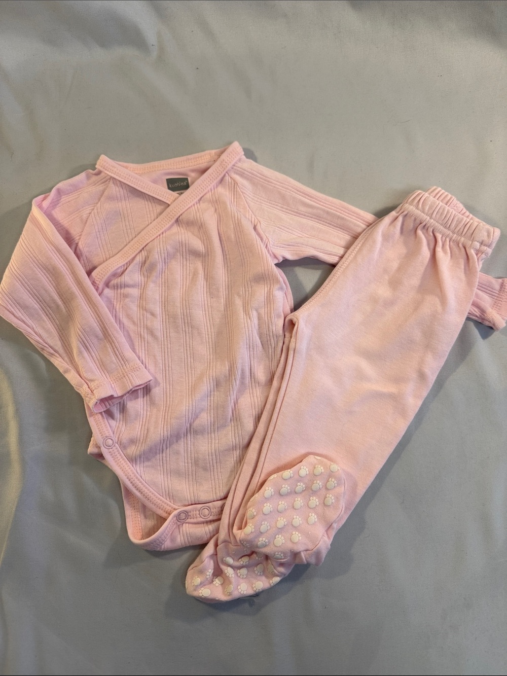 Kusies - Light Pink Ribbed Baby Wrap/kimono style  Top & Footed 2-piece Set